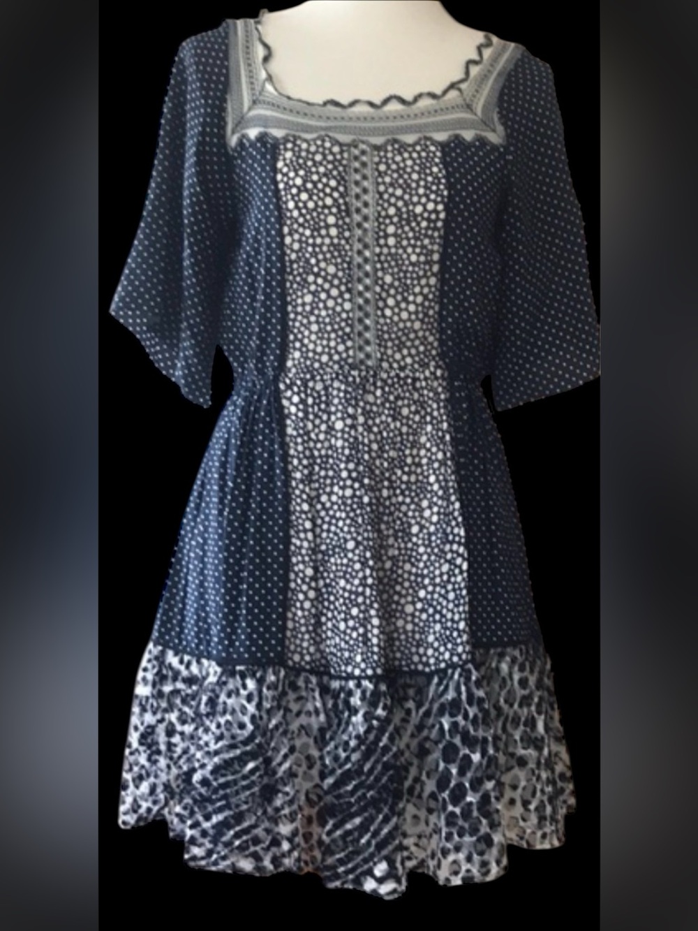 CHLOE silk cotton blue lace insert polka dot cottage core dress Sz 36